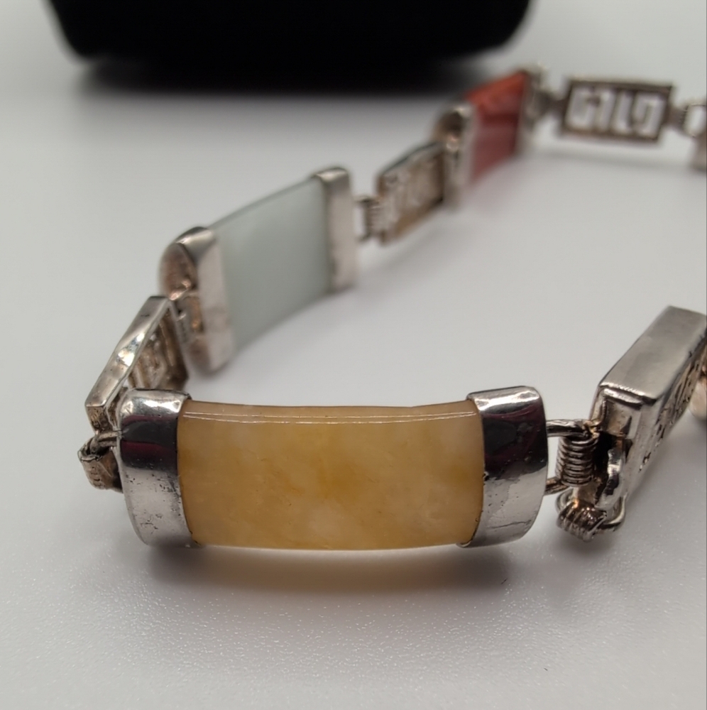 Vintage Chinese 925 Sterling Silver Muti-Color Jade & Chinese GOOD luck Bracelet - Picture 2 of 15